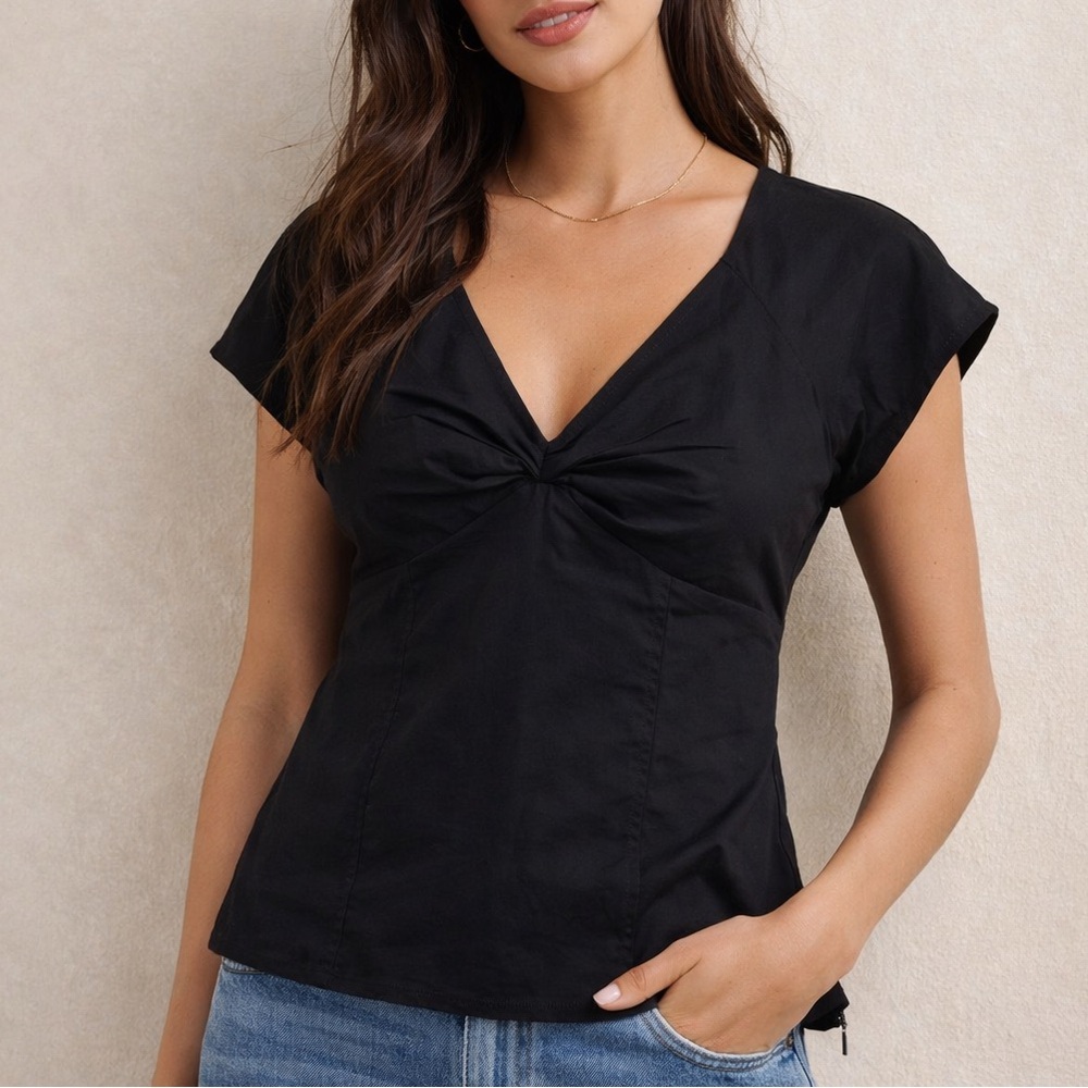 Madewell Black V-Neck Twist Front Top Cap Sleeve Blouse Size 8 NWT